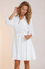 Alyce Mini Dress - Button Down Dress with Cut Out Detailed Sleeves and Matching Belt in White