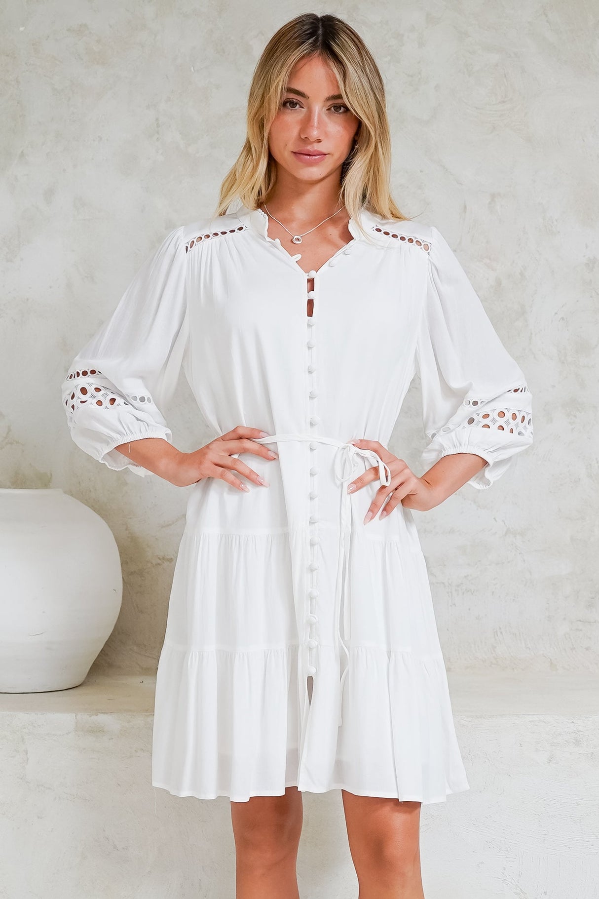 Alyce Mini Dress - Button Down Dress with Cut Out Detailed Sleeves and Matching Belt in White