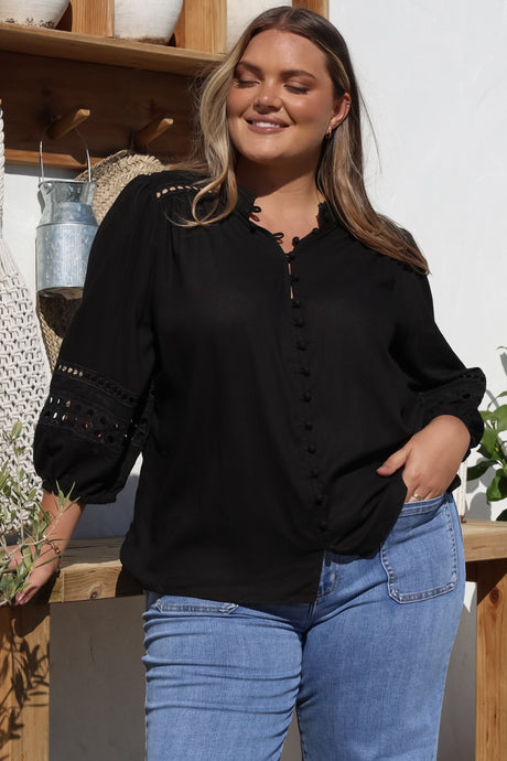 Alyce Shirt - Mandarin Collar Cut Out Detailed Sleeve Button Down in Black