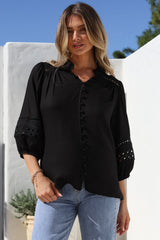 Alyce Shirt - Mandarin Collar Cut Out Detailed Sleeve Button Down in Black