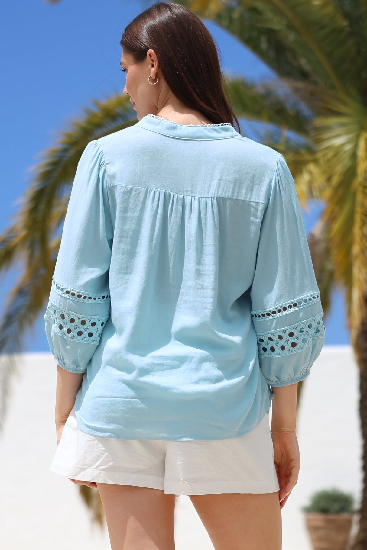 Alyce Shirt - Mandarin Collar Cut Out Detailed Sleeve Button Down in Light Blue