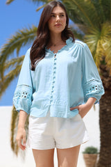 Alyce Shirt - Mandarin Collar Cut Out Detailed Sleeve Button Down in Light Blue