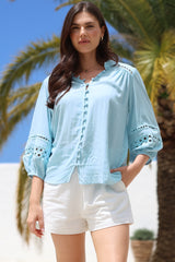 Alyce Shirt - Mandarin Collar Cut Out Detailed Sleeve Button Down in Light Blue