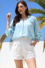 Alyce Shirt - Mandarin Collar Cut Out Detailed Sleeve Button Down in Light Blue