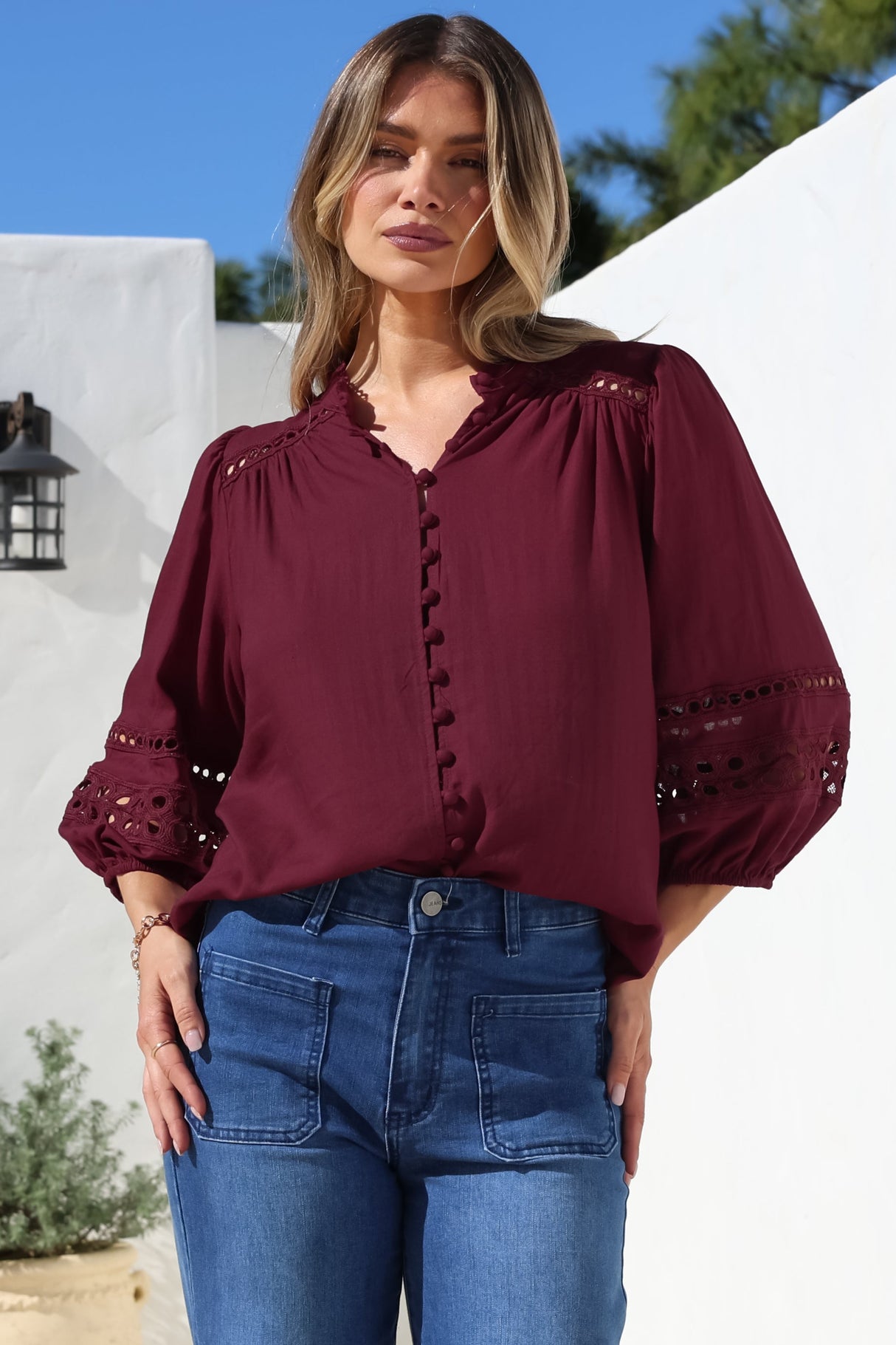 Alyce Shirt - Mandarin Collar Cut Out Detailed Sleeve Button Down in Burgundy