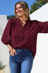 Alyce Shirt - Mandarin Collar Cut Out Detailed Sleeve Button Down in Burgundy
