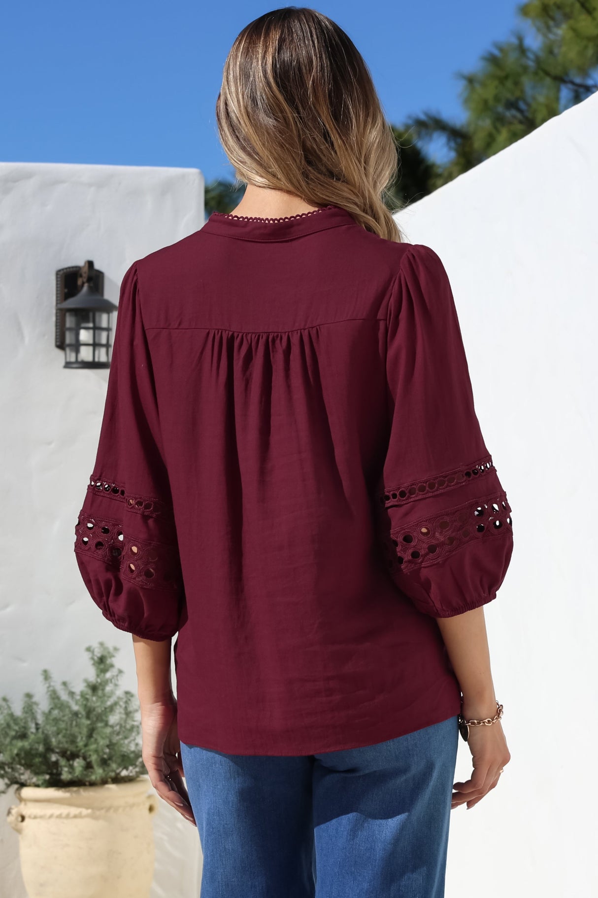 Alyce Shirt - Mandarin Collar Cut Out Detailed Sleeve Button Down in Burgundy