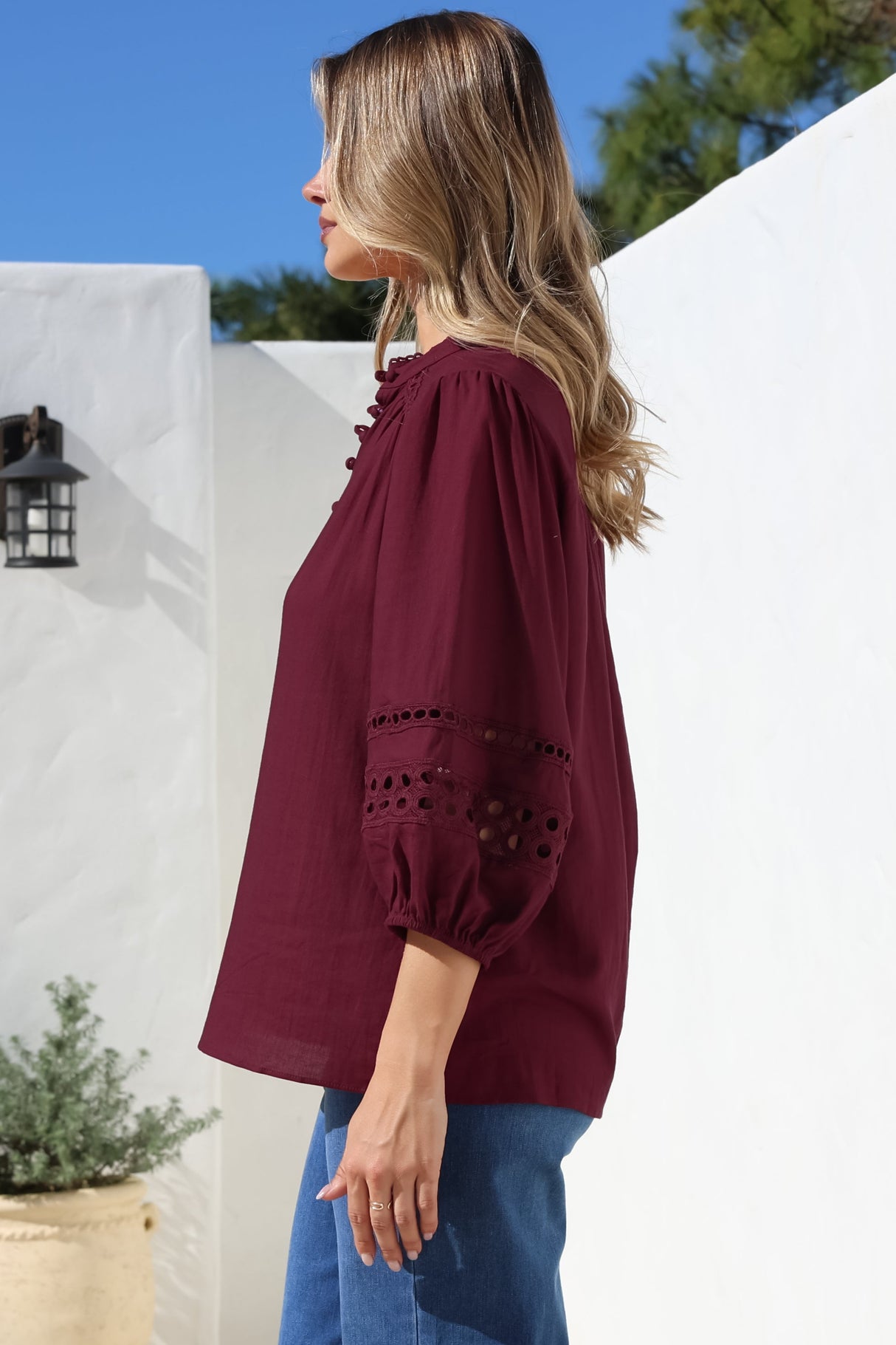 Alyce Shirt - Mandarin Collar Cut Out Detailed Sleeve Button Down in Burgundy