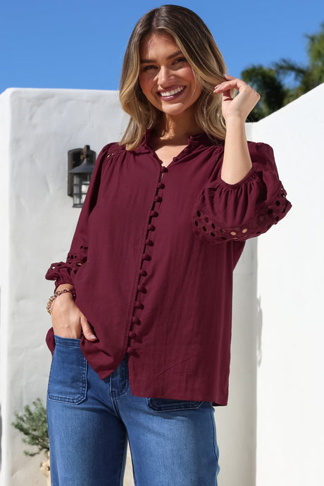 Alyce Shirt - Mandarin Collar Cut Out Detailed Sleeve Button Down in Burgundy