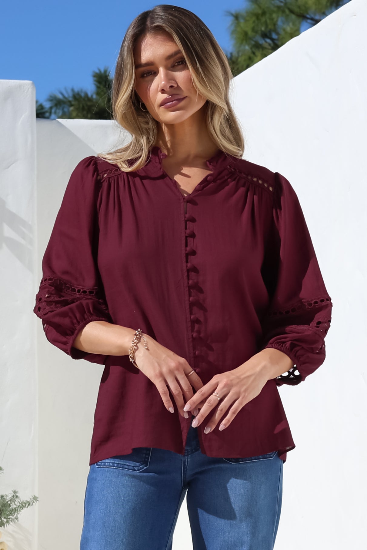 Alyce Shirt - Mandarin Collar Cut Out Detailed Sleeve Button Down in Burgundy