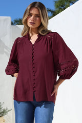 Alyce Shirt - Mandarin Collar Cut Out Detailed Sleeve Button Down in Burgundy