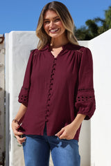 Alyce Shirt - Mandarin Collar Cut Out Detailed Sleeve Button Down in Burgundy
