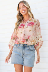 Alyce Shirt  - Mandarin Collar Cut Out Detailed Sleeve Button Down in Distraction Print