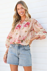 Alyce Shirt  - Mandarin Collar Cut Out Detailed Sleeve Button Down in Distraction Print