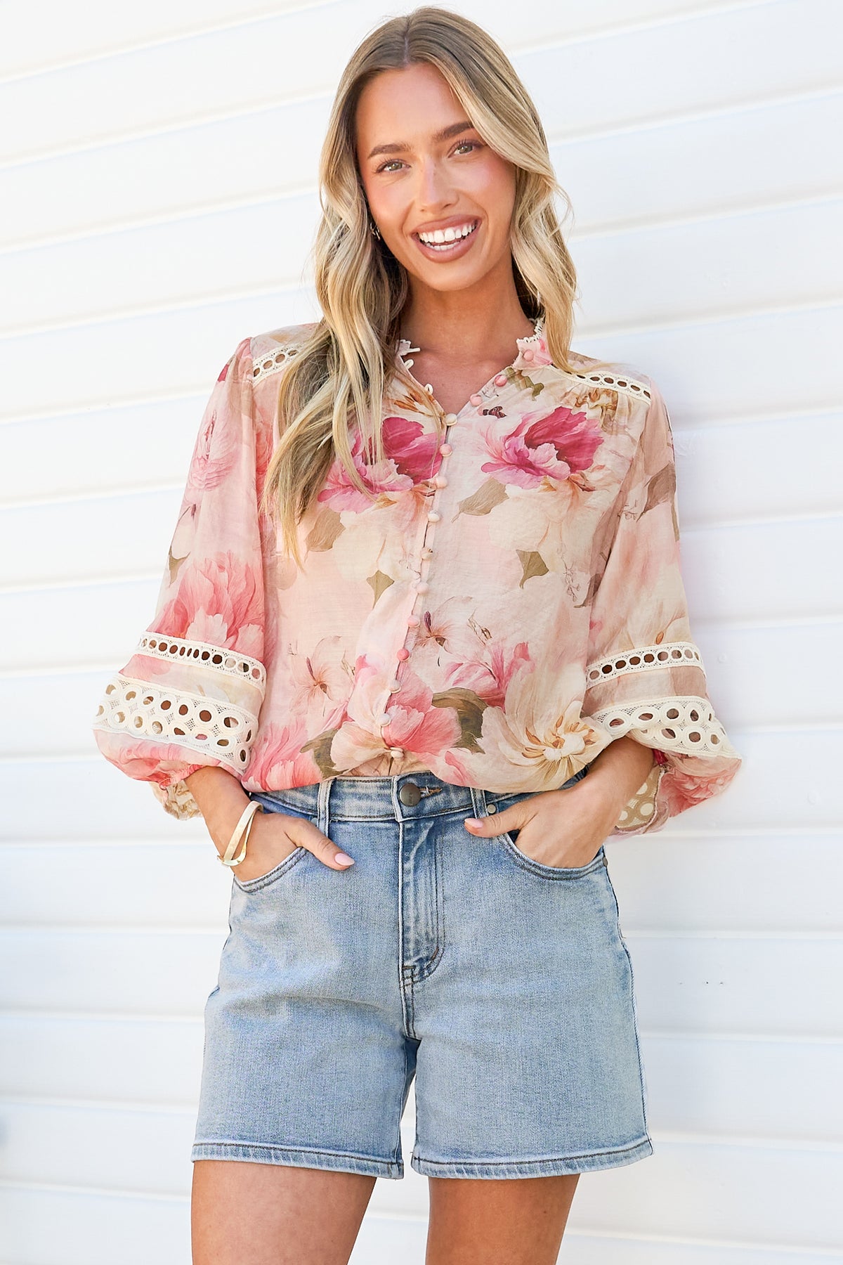 Alyce Shirt  - Mandarin Collar Cut Out Detailed Sleeve Button Down in Distraction Print