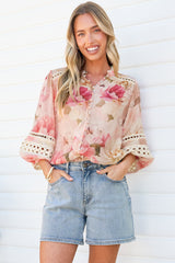 Alyce Shirt  - Mandarin Collar Cut Out Detailed Sleeve Button Down in Distraction Print