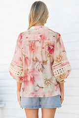 Alyce Shirt  - Mandarin Collar Cut Out Detailed Sleeve Button Down in Distraction Print