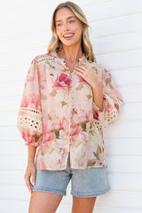 Alyce Shirt  - Mandarin Collar Cut Out Detailed Sleeve Button Down in Distraction Print