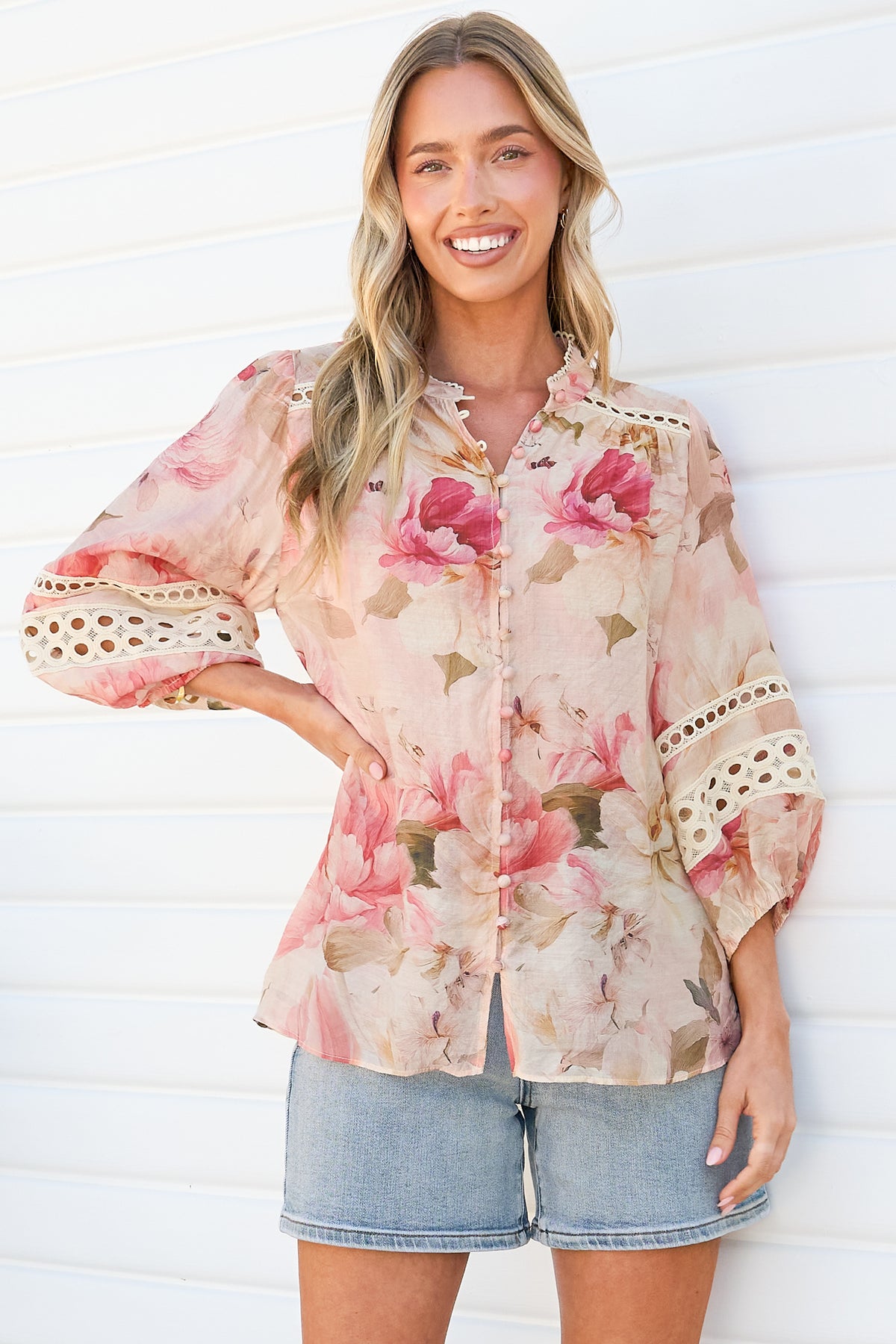 Alyce Shirt  - Mandarin Collar Cut Out Detailed Sleeve Button Down in Distraction Print