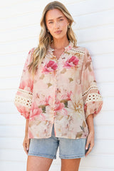 Alyce Shirt  - Mandarin Collar Cut Out Detailed Sleeve Button Down in Distraction Print