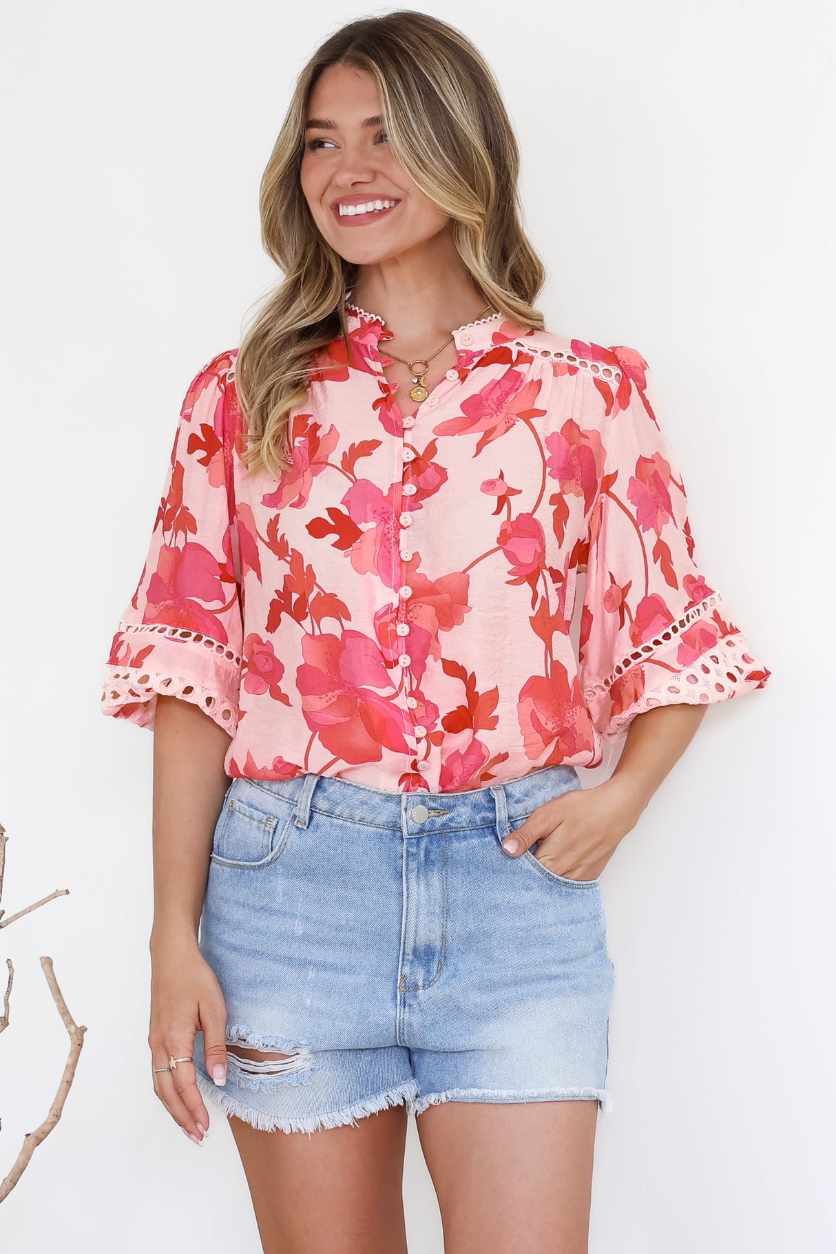 Alyce Shirt  - Mandarin Collar Cut Out Detailed Sleeve Button Down in Larissa Print