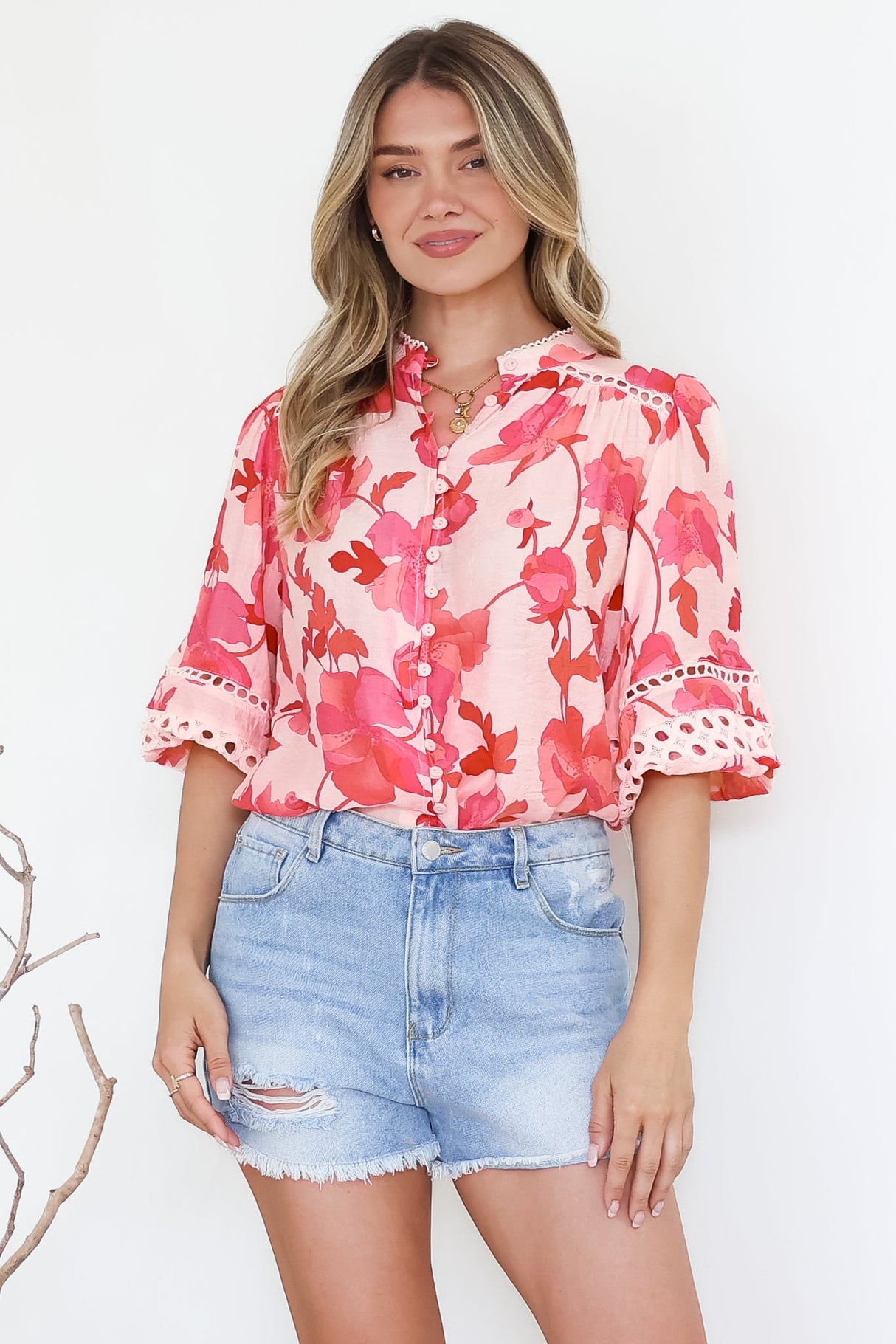 Alyce Shirt  - Mandarin Collar Cut Out Detailed Sleeve Button Down in Larissa Print