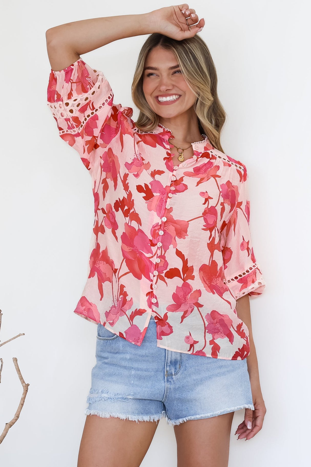 Alyce Shirt  - Mandarin Collar Cut Out Detailed Sleeve Button Down in Larissa Print