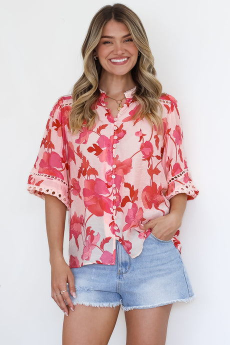 Alyce Shirt  - Mandarin Collar Cut Out Detailed Sleeve Button Down in Larissa Print