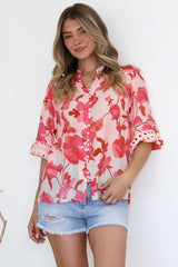 Alyce Shirt  - Mandarin Collar Cut Out Detailed Sleeve Button Down in Larissa Print
