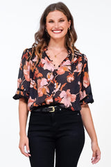 Alyce Shirt  - Mandarin Collar Cut Out Detailed Sleeve Button Down in Larissa Print Black