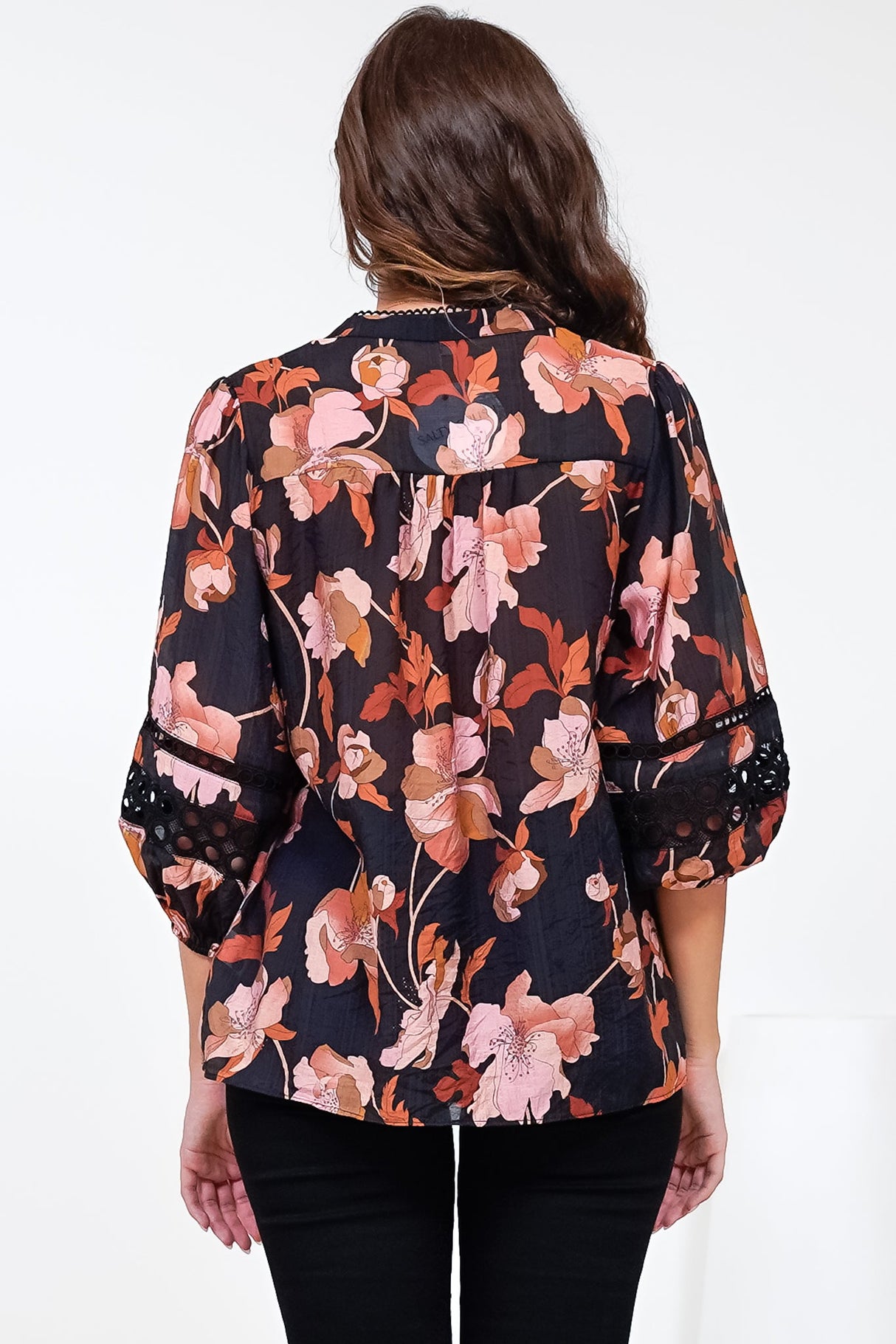 Alyce Shirt  - Mandarin Collar Cut Out Detailed Sleeve Button Down in Larissa Print Black