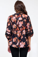 Alyce Shirt  - Mandarin Collar Cut Out Detailed Sleeve Button Down in Larissa Print Black