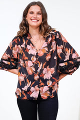 Alyce Shirt  - Mandarin Collar Cut Out Detailed Sleeve Button Down in Larissa Print Black