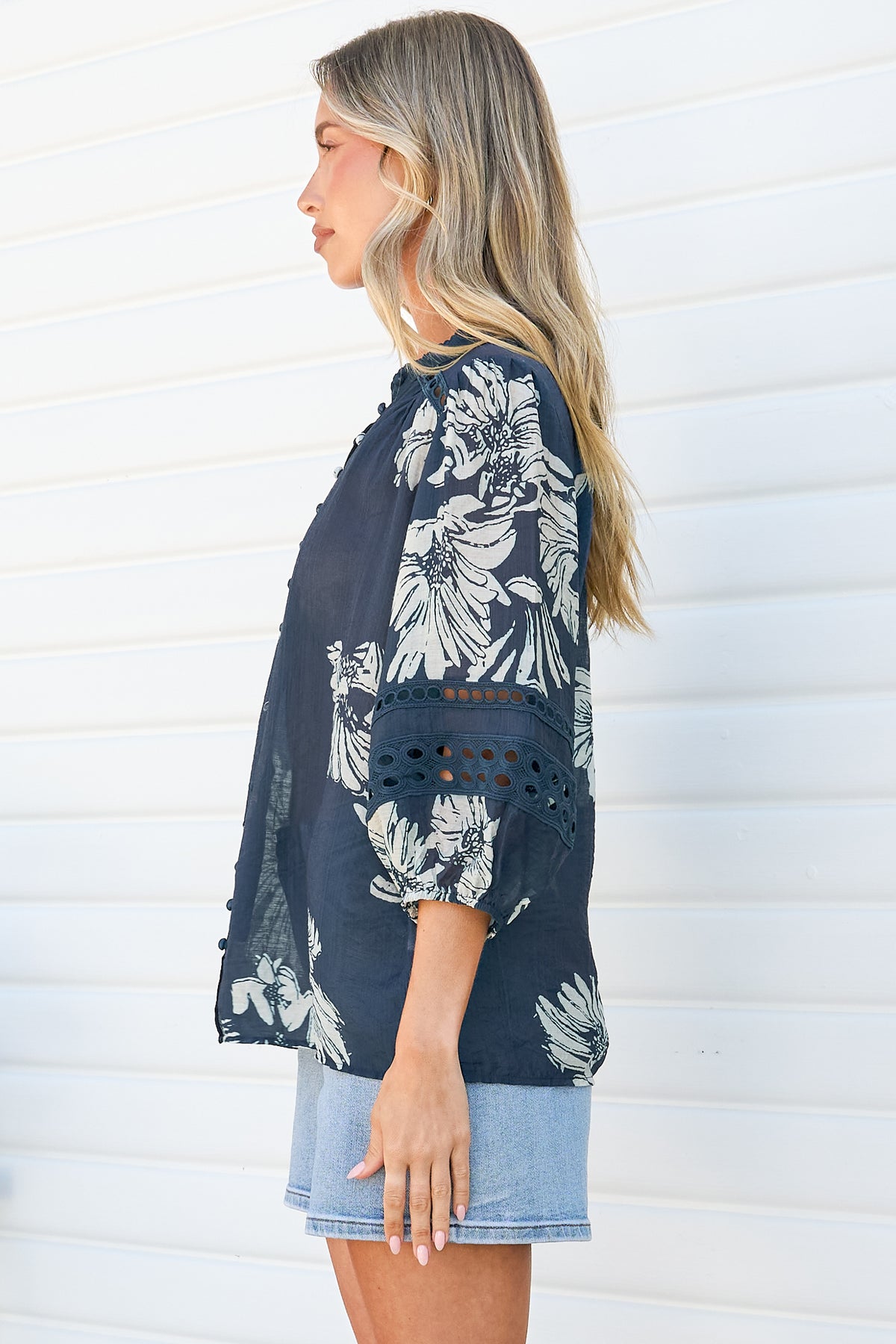 Alyce Shirt  - Mandarin Collar Cut Out Detailed Sleeve Button Down in Mabli Print