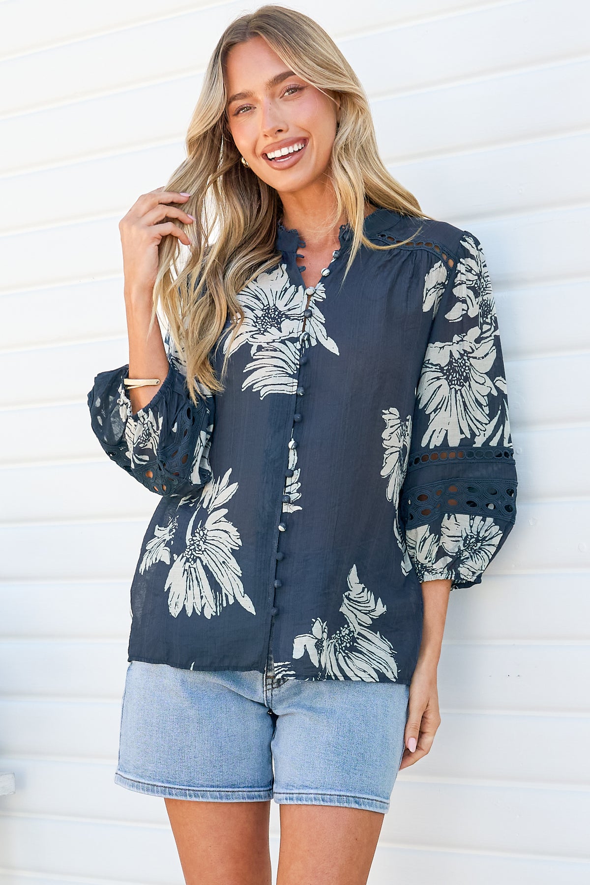 Alyce Shirt  - Mandarin Collar Cut Out Detailed Sleeve Button Down in Mabli Print