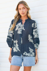 Alyce Shirt  - Mandarin Collar Cut Out Detailed Sleeve Button Down in Mabli Print