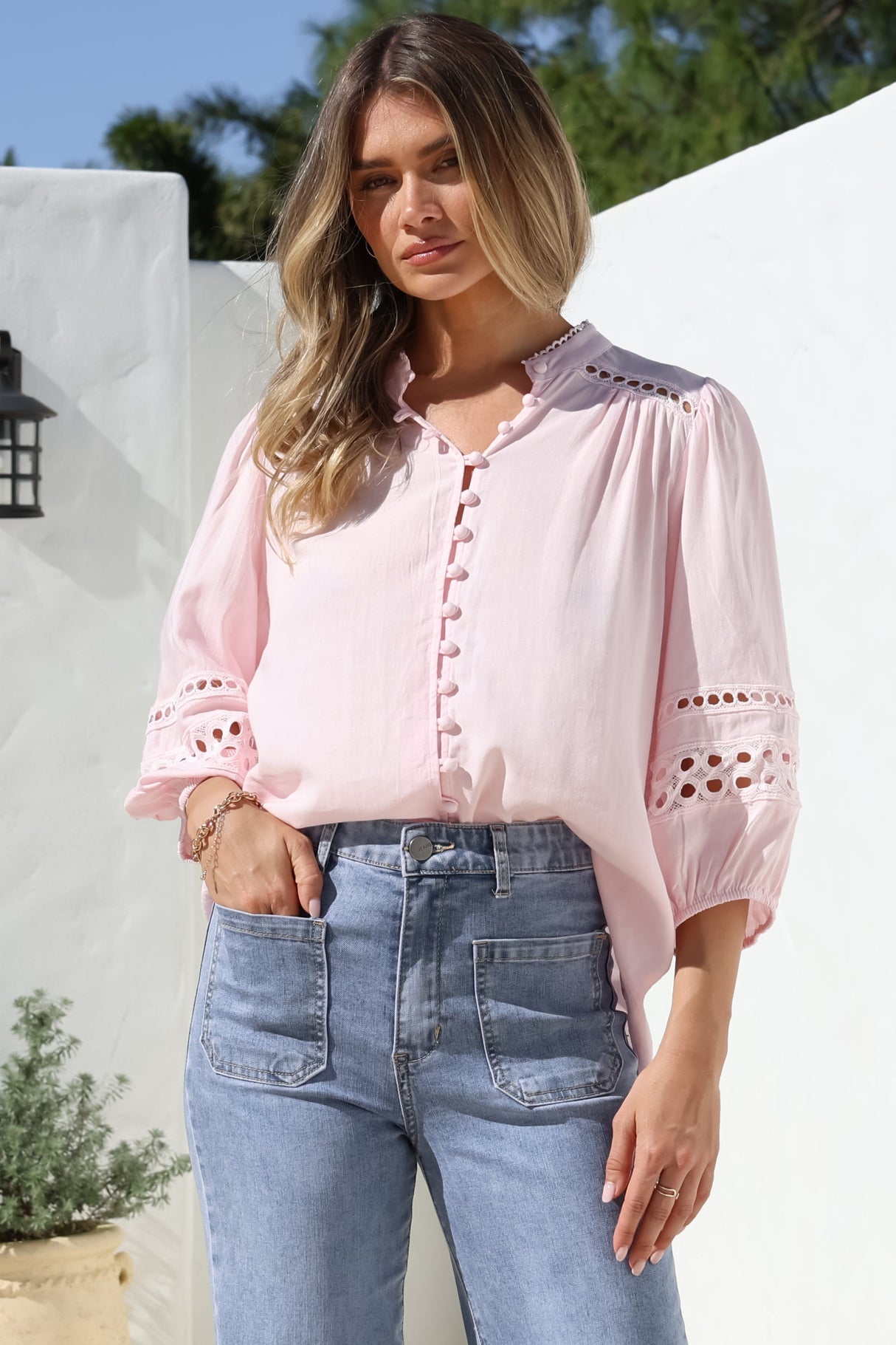 Alyce Shirt - Mandarin Collar Cut Out Detailed Sleeve Button Down in Pink