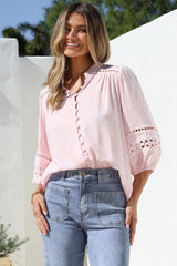 Alyce Shirt - Mandarin Collar Cut Out Detailed Sleeve Button Down in Pink