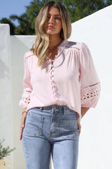 Alyce Shirt - Mandarin Collar Cut Out Detailed Sleeve Button Down in Pink