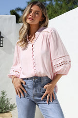 Alyce Shirt - Mandarin Collar Cut Out Detailed Sleeve Button Down in Pink