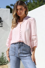 Alyce Shirt - Mandarin Collar Cut Out Detailed Sleeve Button Down in Pink