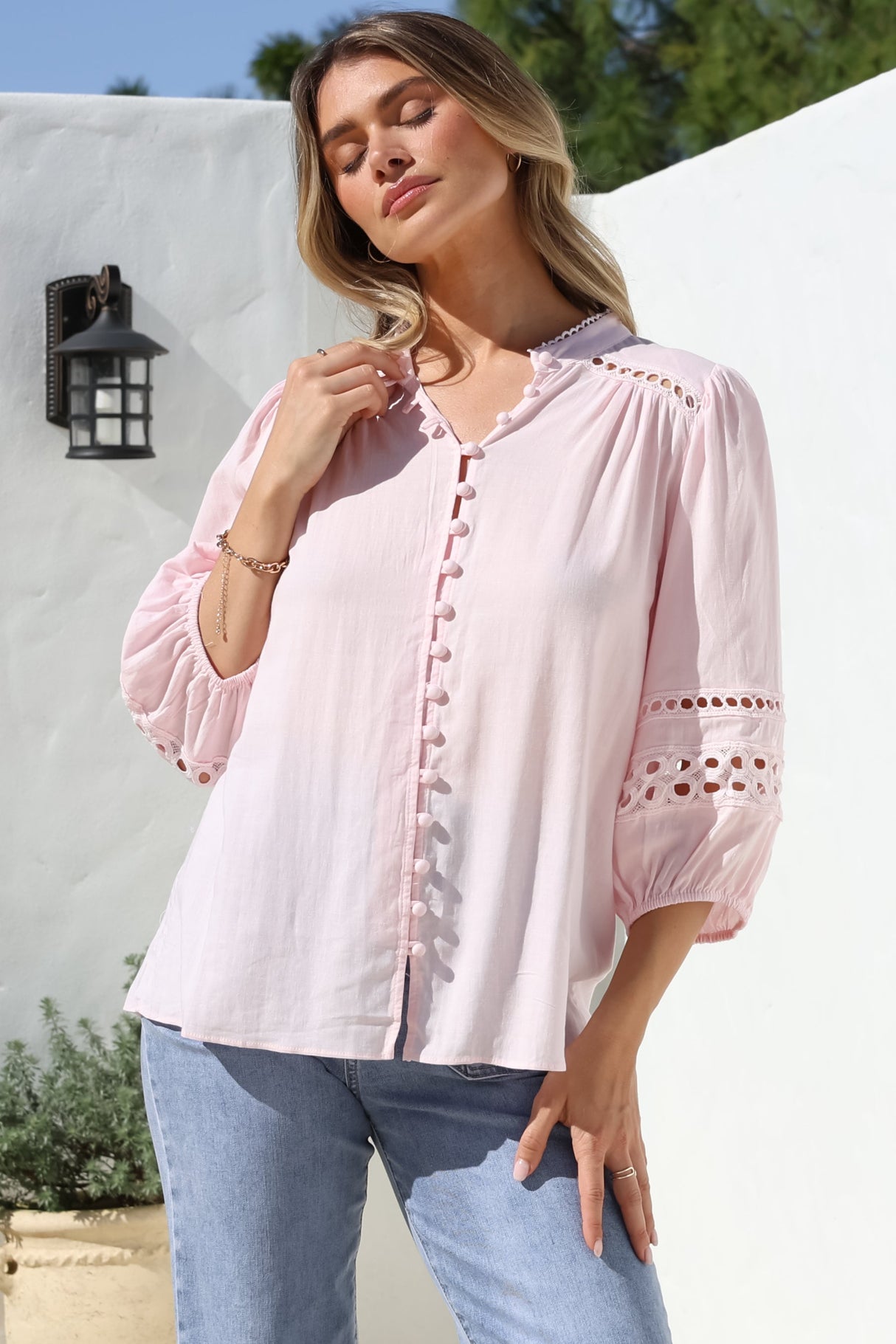 Alyce Shirt - Mandarin Collar Cut Out Detailed Sleeve Button Down in Pink