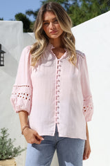 Alyce Shirt - Mandarin Collar Cut Out Detailed Sleeve Button Down in Pink