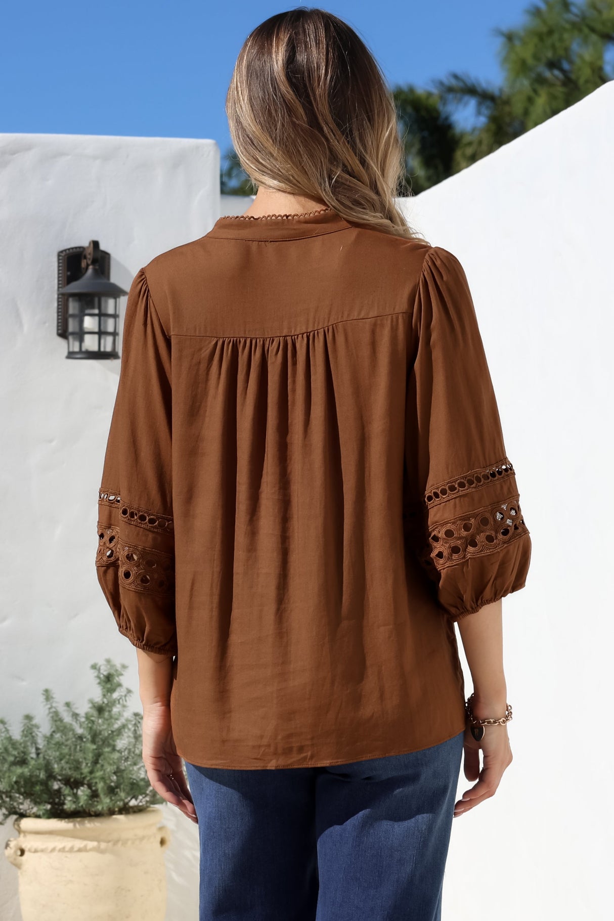 Alyce Shirt - Mandarin Collar Cut Out Detailed Sleeve Button Down in Tan