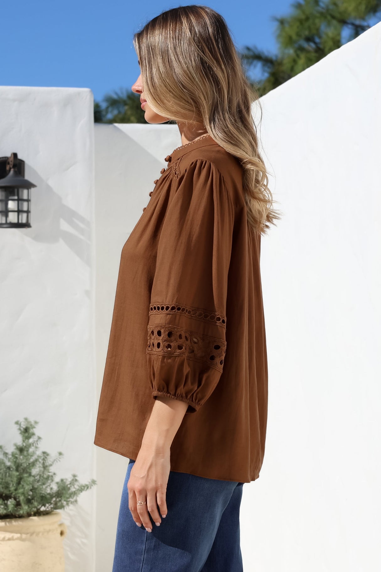 Alyce Shirt - Mandarin Collar Cut Out Detailed Sleeve Button Down in Tan