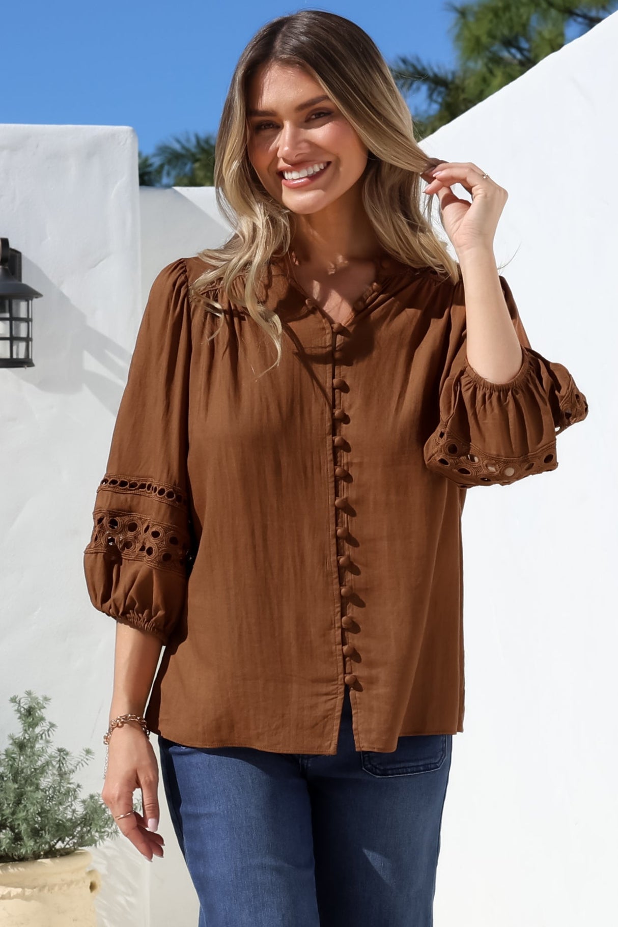 Alyce Shirt - Mandarin Collar Cut Out Detailed Sleeve Button Down in Tan