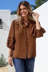 Alyce Shirt - Mandarin Collar Cut Out Detailed Sleeve Button Down in Tan
