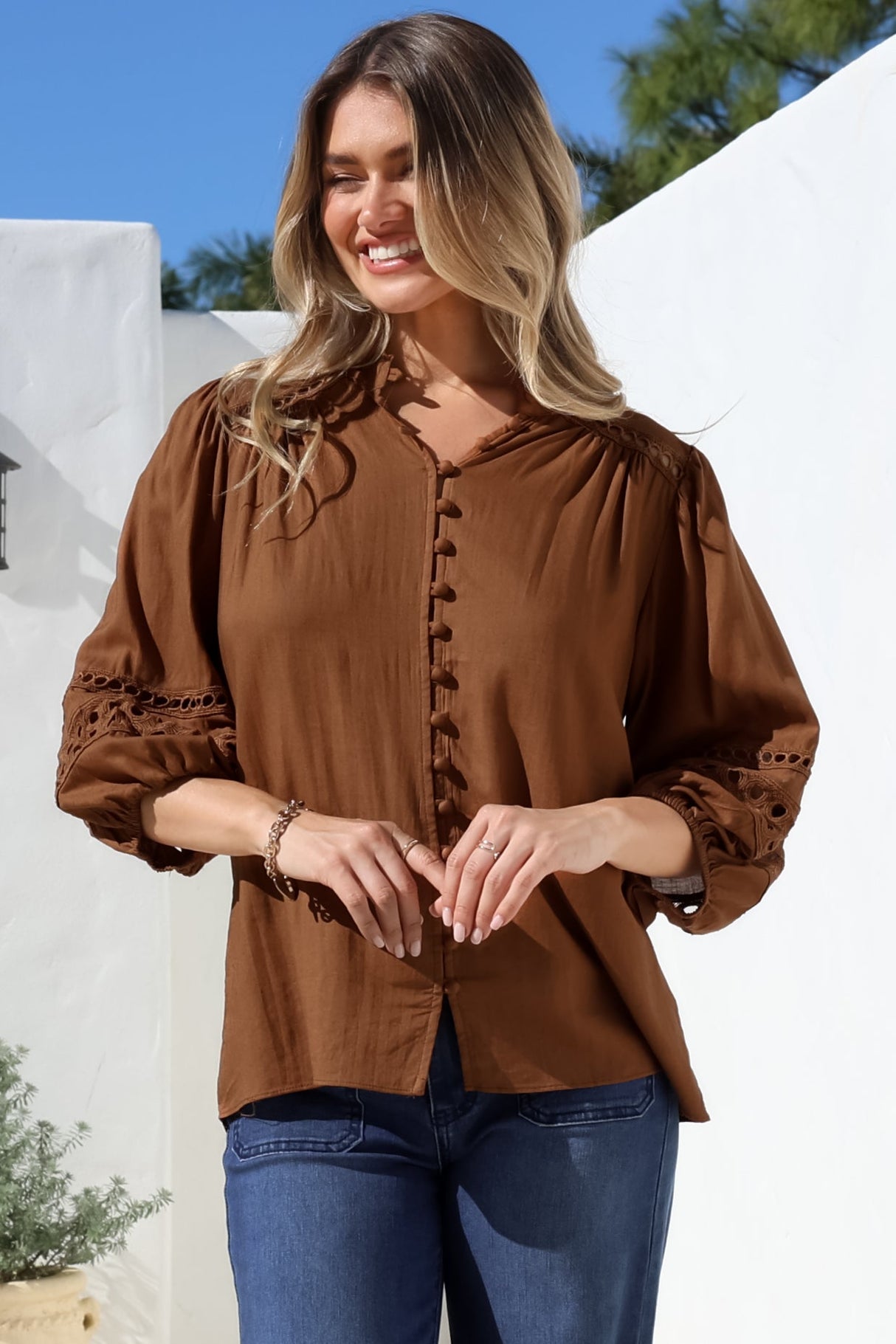 Alyce Shirt - Mandarin Collar Cut Out Detailed Sleeve Button Down in Tan