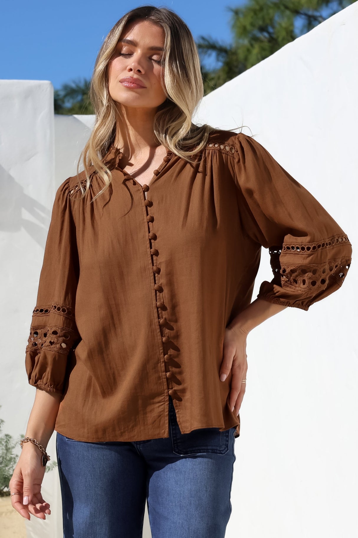 Alyce Shirt - Mandarin Collar Cut Out Detailed Sleeve Button Down in Tan