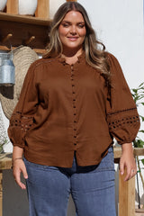 Alyce Shirt - Mandarin Collar Cut Out Detailed Sleeve Button Down in Tan